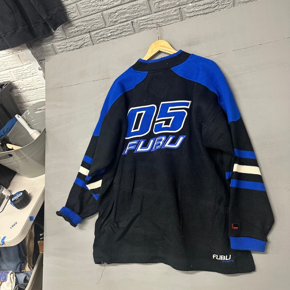 Vintage FUBU Sports Knit Sweater Mens Large Black Blue 05 Embroidered 90s‎ Y2K